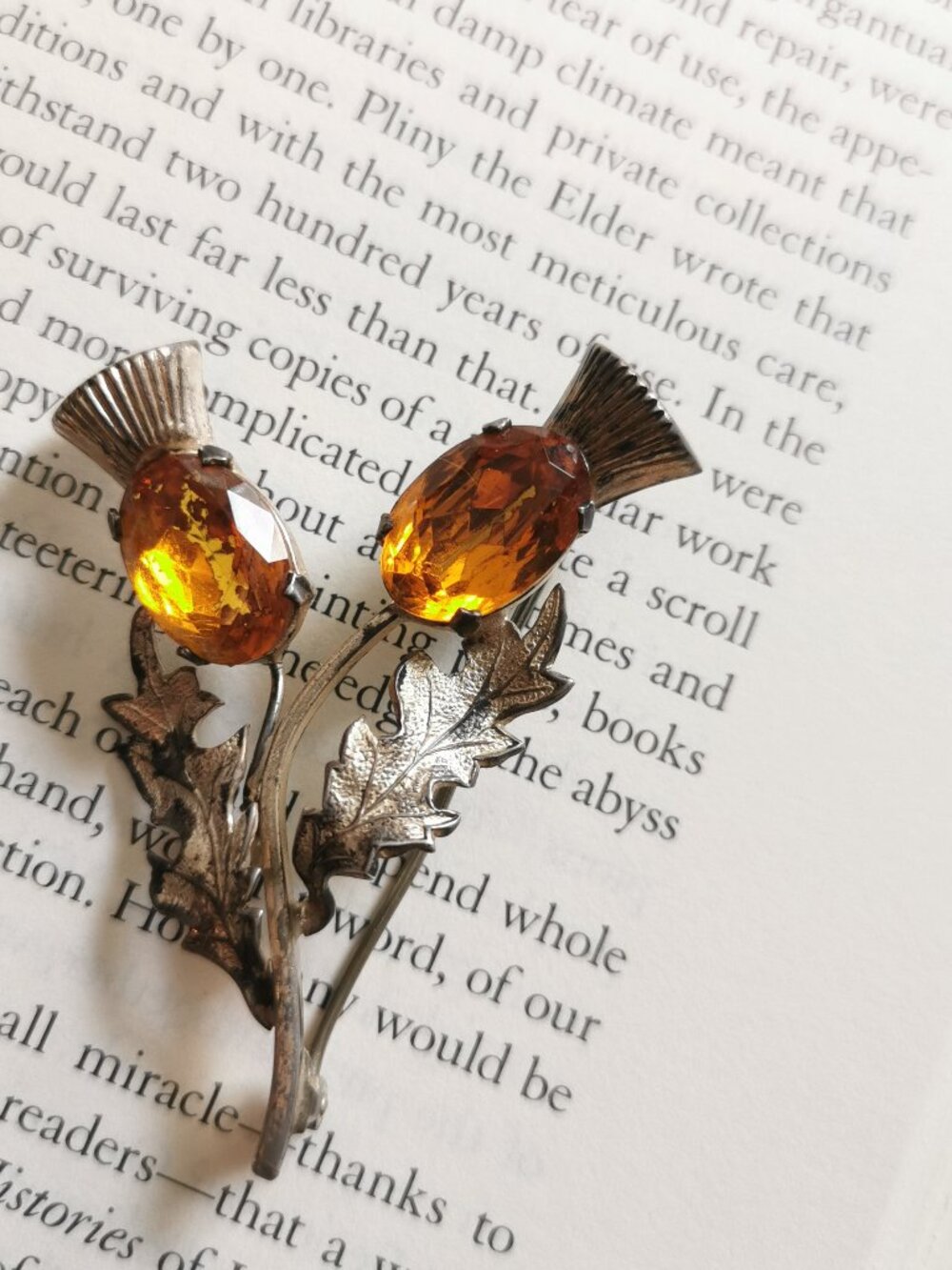 Vintage Scottish Double Thistle Pin Brooch Celtic Thistle Orange Stone Warm Tone